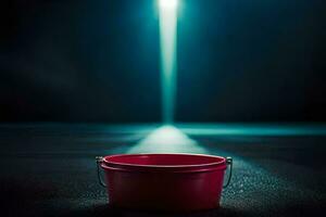 uma vermelho balde sentado em a chão dentro frente do uma Holofote. gerado por IA foto
