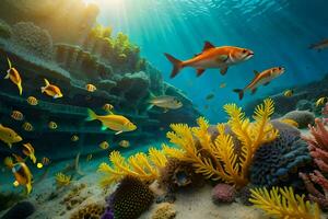 embaixo da agua cena com coral recifes e peixe. gerado por IA foto