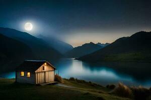 a lua sobe sobre uma lago e uma cabine dentro a montanhas. gerado por IA foto