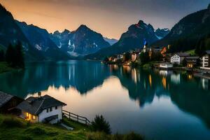 uma lago e montanha alcance às pôr do sol. gerado por IA foto