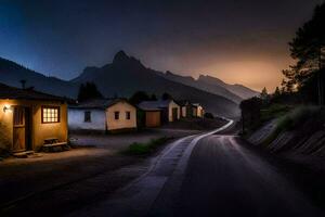uma estrada dentro a montanhas às noite. gerado por IA foto