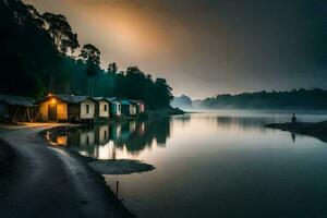 uma lago com casas em a costa às crepúsculo. gerado por IA foto