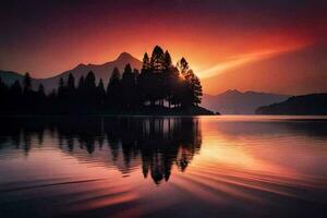 uma vermelho pôr do sol sobre uma lago com árvores gerado por IA foto