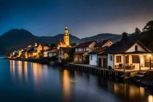 foto papel de parede a céu, água, montanhas, lago, casas, a noite, a cidade,. gerado por IA