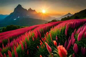 a Sol sobe sobre uma campo do Rosa flores gerado por IA foto
