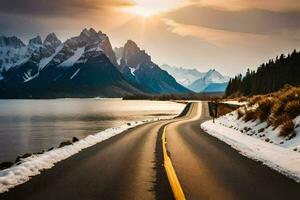 uma estrada conduzindo para uma lago e montanhas. gerado por IA foto