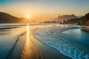 a Sol conjuntos sobre a oceano e ondas às uma de praia. gerado por IA foto