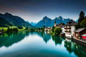 uma lindo lago e montanha Cidade dentro a suíço Alpes. gerado por IA foto