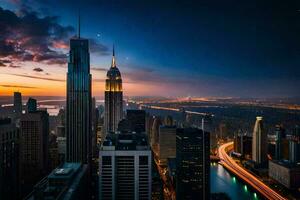 a cidade Horizonte às pôr do sol dentro Novo Iorque. gerado por IA foto