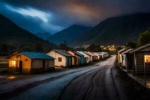 foto papel de parede a céu, noite, montanhas, a Vila, casas, a estrada, a Vila. gerado por IA