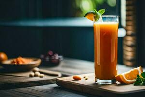 uma vidro do laranja suco com uma fatia do laranja. gerado por IA foto