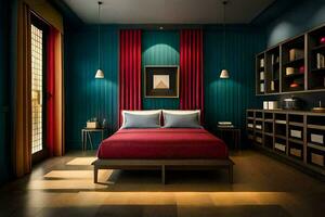 uma quarto com azul paredes e vermelho cortinas. gerado por IA foto
