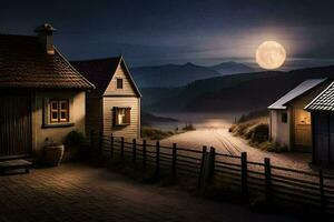 uma pequeno Vila às noite com uma cheio lua. gerado por IA foto