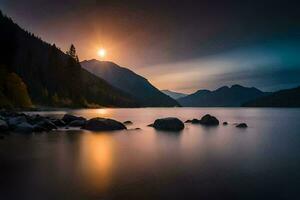 a Sol conjuntos sobre uma lago e montanhas. gerado por IA foto