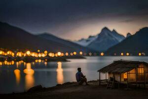 uma homem sentado em a costa do uma lago às noite. gerado por IA foto