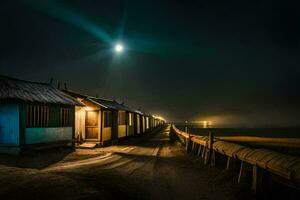 uma de praia cabana às noite com uma cheio lua. gerado por IA foto