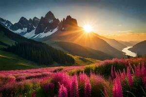 a Sol sobe sobre a montanhas e flores dentro a primeiro plano. gerado por IA foto