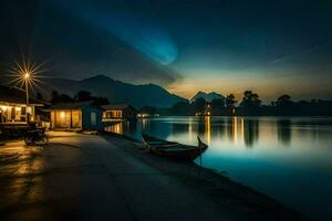 uma barco senta em a costa do uma lago às noite. gerado por IA foto