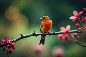 uma pequeno laranja pássaro senta em uma ramo com Rosa flores gerado por IA foto