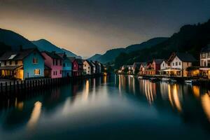 colorida casas em a água às crepúsculo dentro uma cidade. gerado por IA foto