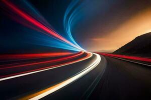 uma grandes exposição fotografia do uma carro dirigindo em uma autoestrada. gerado por IA foto