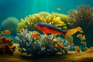 uma peixe natação dentro a embaixo da agua recife com a anêmona. gerado por IA foto