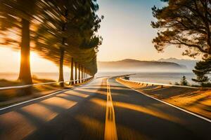 uma estrada com árvores e uma pôr do sol dentro a fundo. gerado por IA foto