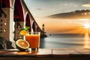 uma vidro do laranja suco com uma fatia do Lima em uma mesa dentro frente do uma ponte. gerado por IA foto