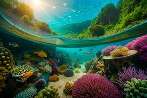 embaixo da agua Visão do colorida coral recifes e peixe. gerado por IA foto