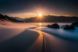 a Sol sobe sobre uma de praia com ondas e pedras. gerado por IA foto