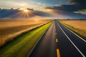 uma grandes estrada com Sol brilhando através a nuvens. gerado por IA foto