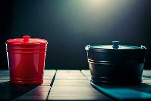 dois vermelho e Preto containers sentado em uma de madeira mesa. gerado por IA foto