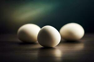 quatro ovos em uma mesa com uma embaçado fundo. gerado por IA foto