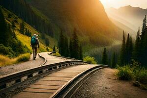 uma homem caminhando ao longo uma Ferrovia rastrear dentro a montanhas. gerado por IA foto