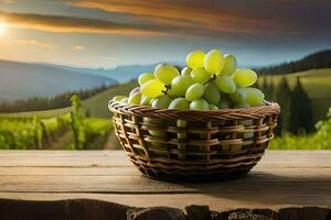 uvas dentro uma cesta em uma de madeira mesa. gerado por IA foto