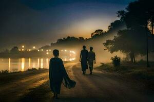 dois pessoas caminhando baixa uma estrada às noite com uma rio dentro a fundo. gerado por IA foto