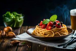 espaguete com bagas e nozes em uma de madeira mesa. gerado por IA foto