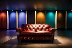 uma vermelho couro sofá dentro frente do uma parede do colori luzes. gerado por IA foto