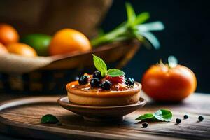 uma pequeno sobremesa com fruta e legumes em uma de madeira mesa. gerado por IA foto
