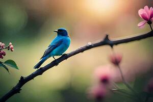 uma azul pássaro senta em uma ramo com Rosa flores gerado por IA foto