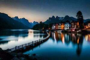 uma cais dentro a meio do uma lago às noite. gerado por IA foto