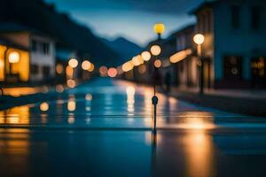 uma rua às noite com luzes em a rua. gerado por IA foto