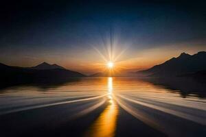 a Sol é brilhando sobre uma lago e montanhas. gerado por IA foto