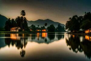 uma lago com casas e Palma árvores às pôr do sol. gerado por IA foto