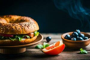 bagel com presunto, amoras e uma fatia do limão. gerado por IA foto