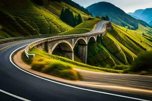 uma estrada com uma ponte e montanhas dentro a fundo. gerado por IA foto