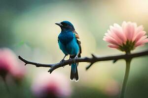 uma azul pássaro é empoleirado em uma ramo com Rosa flores gerado por IA foto