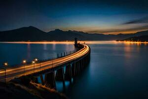 uma grandes exposição foto do uma ponte sobre água às noite. gerado por IA