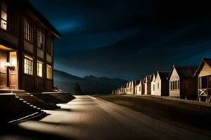 foto papel de parede a noite, casas, a montanhas, a luzes, a luzes, a montanhas,. gerado por IA