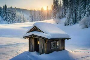 uma pequeno cabine é coberto dentro neve. gerado por IA foto